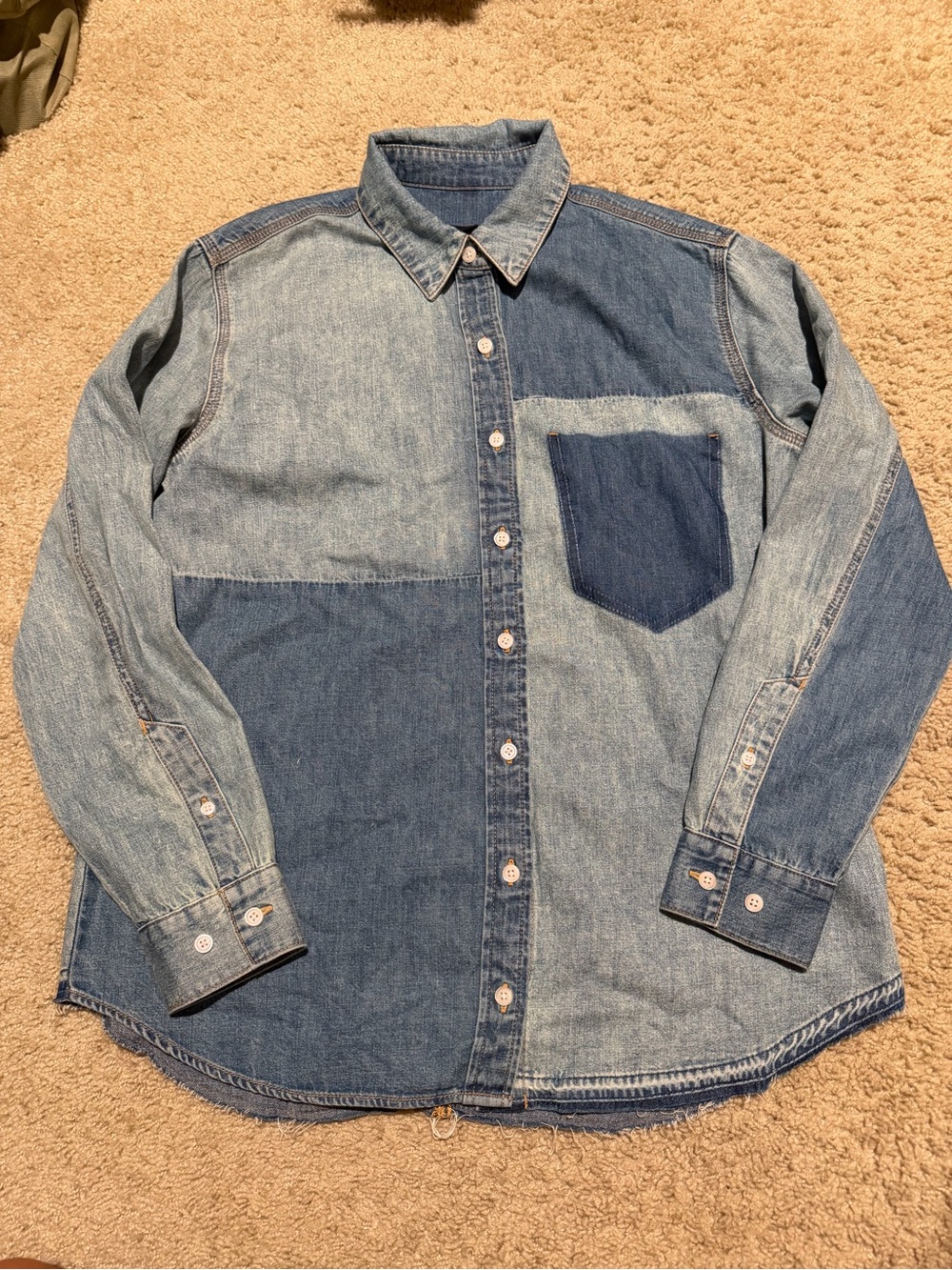 Veronica Beard Two-Tone Patchwork Denim Button-Down Shirt - Blue